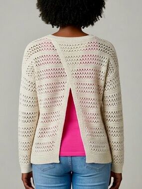 Michael Stars Creamy Natural Cotton Split-Back Open-Weave Crewneck Sweater